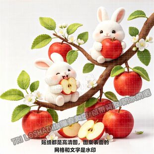 治愈吃苹果的小白兔贴纸墙面门窗瓷砖苹果树贴画厨房冰箱可爱贴画