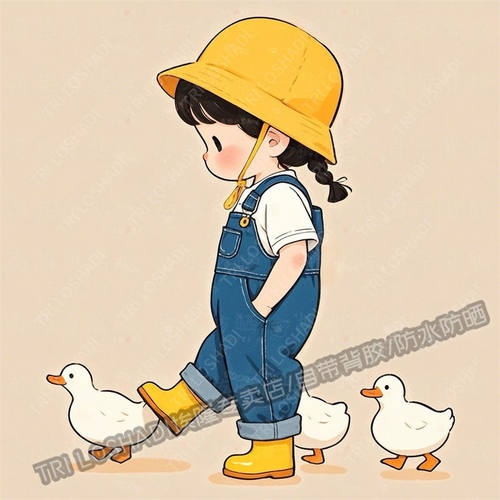 治愈可爱小女孩和卡通鸭子贴画