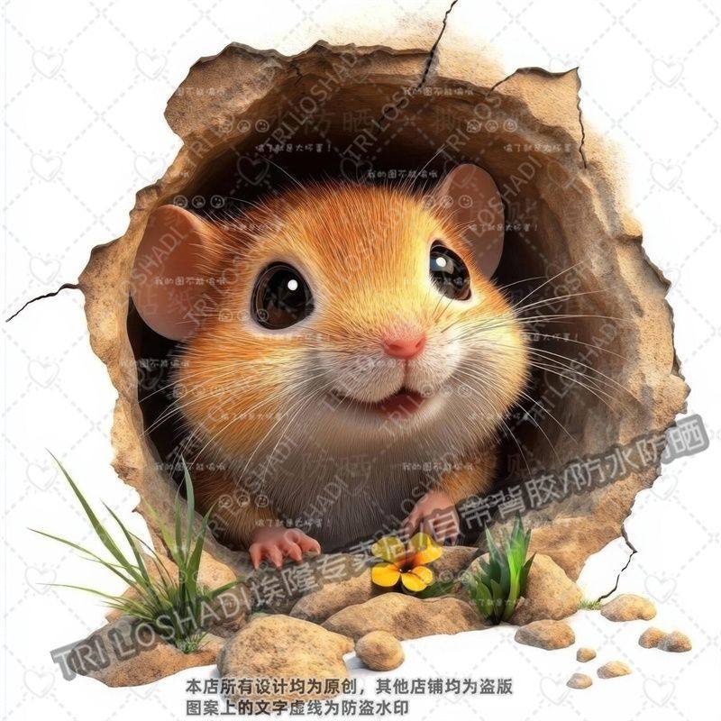 可爱探头小老鼠贴纸客厅墙面装饰视觉3d破洞贴画车贴遮瑕防水贴花