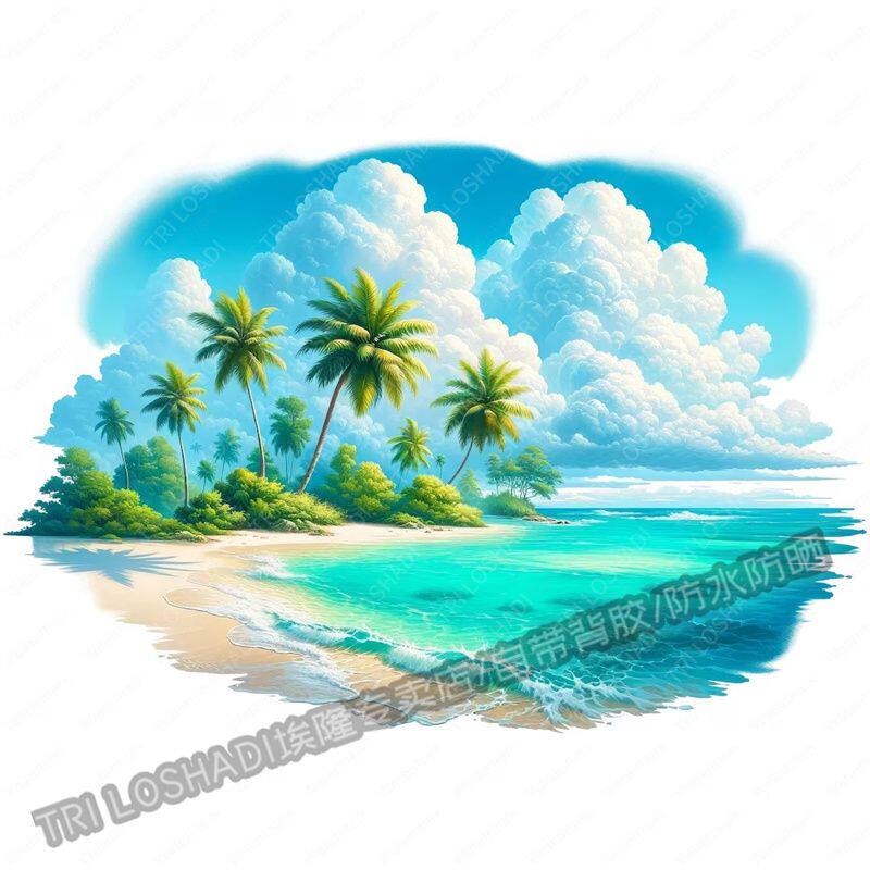 夏日椰子树海滩美景贴纸墙上门窗民宿装饰贴画卫生间马桶防水贴花图片