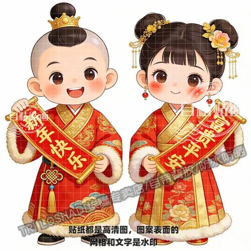 新年快乐富贵平安年画娃娃贴纸