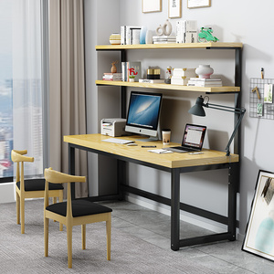 北欧实木简约电脑书桌书架一体桌家用办公桌卧室写字台学生钢木桌