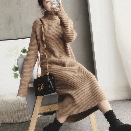 山羊绒连衣裙女秋冬长款过膝高领毛衣裙套L头加厚宽松羊绒针织长