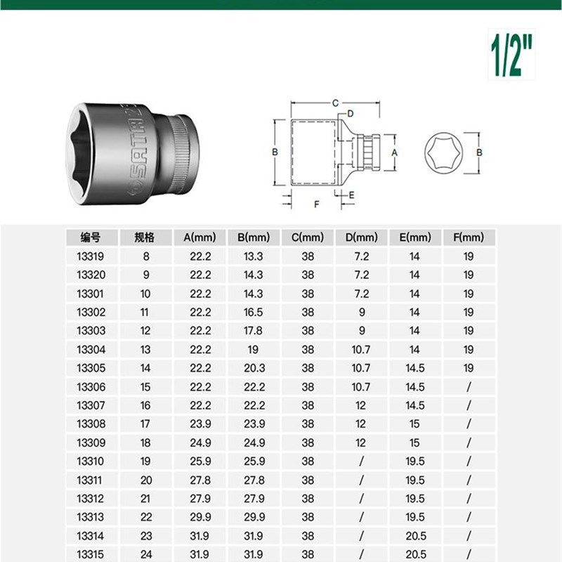 世达12.5MM系6角套筒13301 13u302 13303 13304 13305 13306 1330