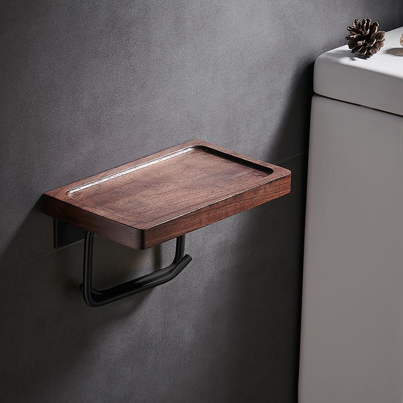 黑胡桃木纸巾盒厕所轻奢卫生间实木免打孔卷纸架创意墙上置物E18