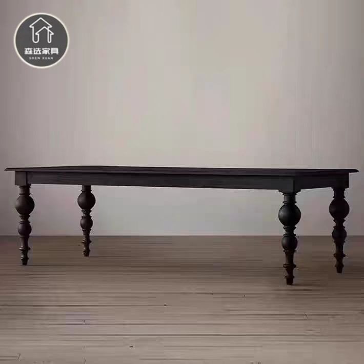 法式中古风实木餐桌黑色长条大板桌客厅家用长方形大会议桌工作台
