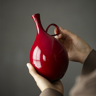 赭红陶瓷花器 国风中式桌面花瓶花插花道花艺水培瓶茶道