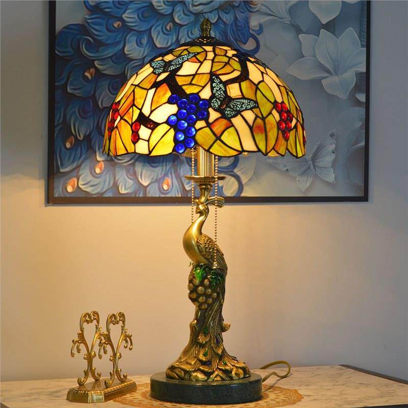 【可调节灯罩亮度】全铜欧式葡萄孔雀台灯卧室蒂凡尼艺术复古田园