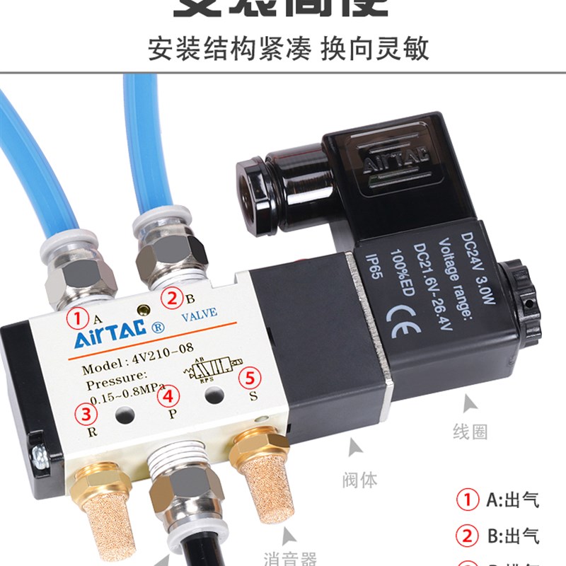 气动亚德客电磁阀4V210-08换向电子阀4V320-10中泄式控制阀4V430C