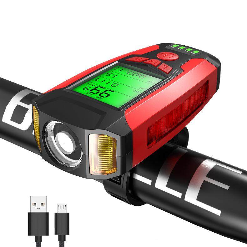 跨境自行车码表灯单车前灯电显+码表+喇叭+雾灯自行车充电喇叭灯