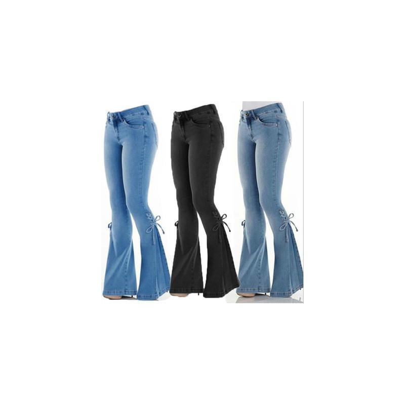 欧美跨境女士牛仔裤中腰弹力修身系带蝴蝶结胖MM大码牛仔喇叭长裤