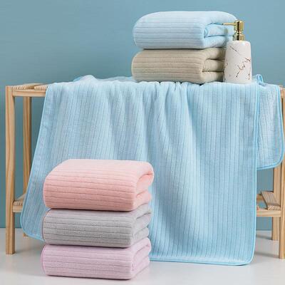 珊瑚绒素色条纹浴巾厂家家用吸水男女儿童不掉毛洗澡巾沙滩巾