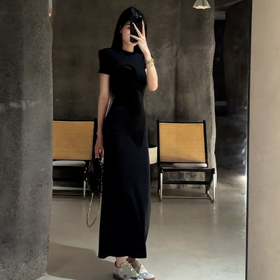 法式小个子黑色短袖连衣