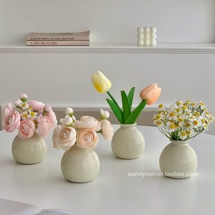 饰摆件风插花迷你高级花器欧式 陶瓷花瓶感小仿真花奶油客厅装 ins