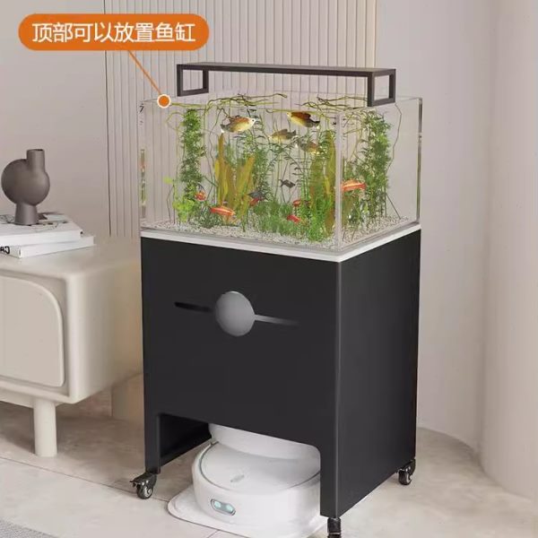 置物架鱼缸架上方带遮挡收纳柜岩板扫地机器人柜轮可移动站基边几
