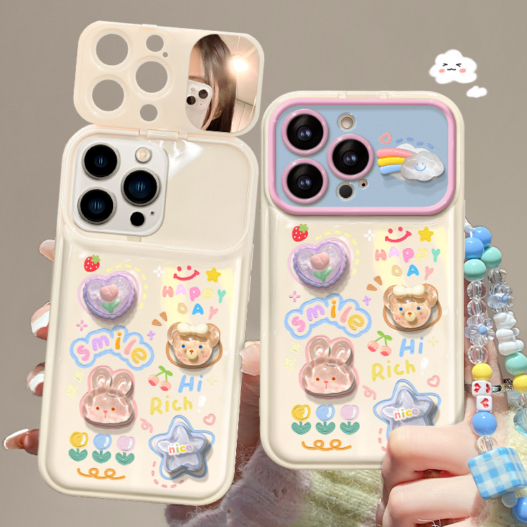 蓝粉云朵翻盖镜子适用苹果手机壳