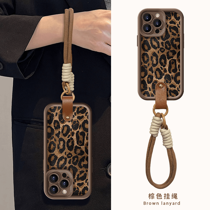 天眼羊皮豹纹适用苹果15promax手机壳华为mate60pro新款pura70腕带OPPOReno12挂绳vivos18/x100/x80女小米14p