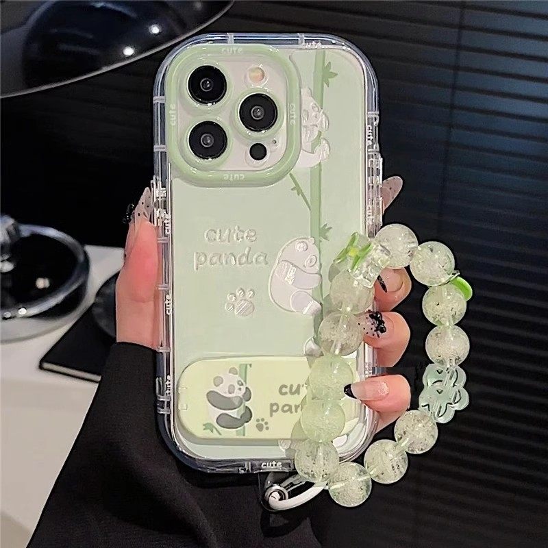 竹子熊猫适用苹果16pro手机壳iPhone15新款华为mate60pro创意pura70镜面支架OPPOReno13可爱vivos20女荣耀300