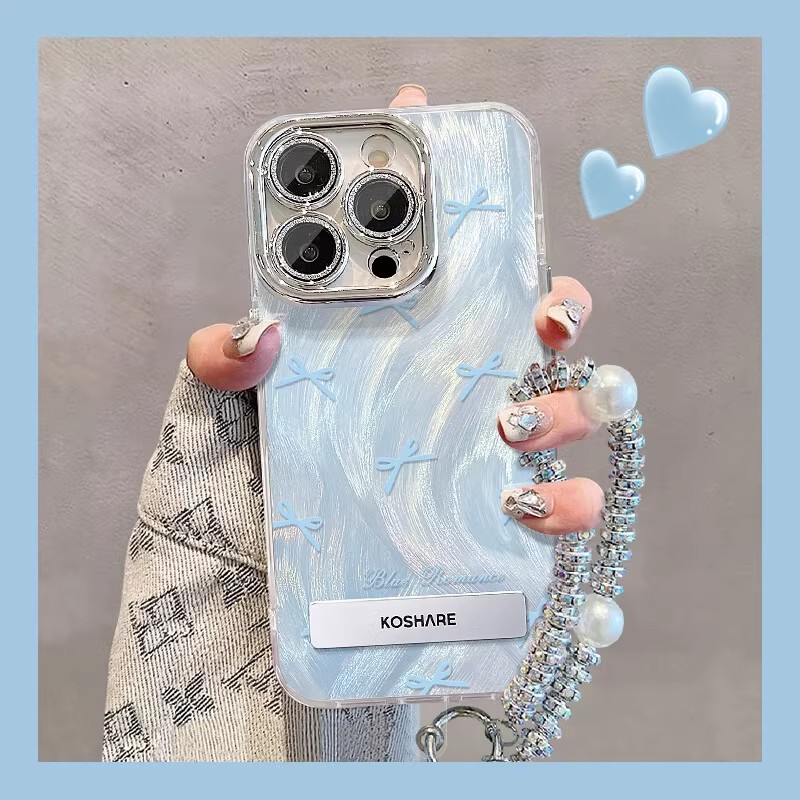 精孔羽纱蓝蝴蝶结渐变适用苹果16promax手机壳iPhone15新款华为mate60pro手链pura70简约Reno13高级vivos19女