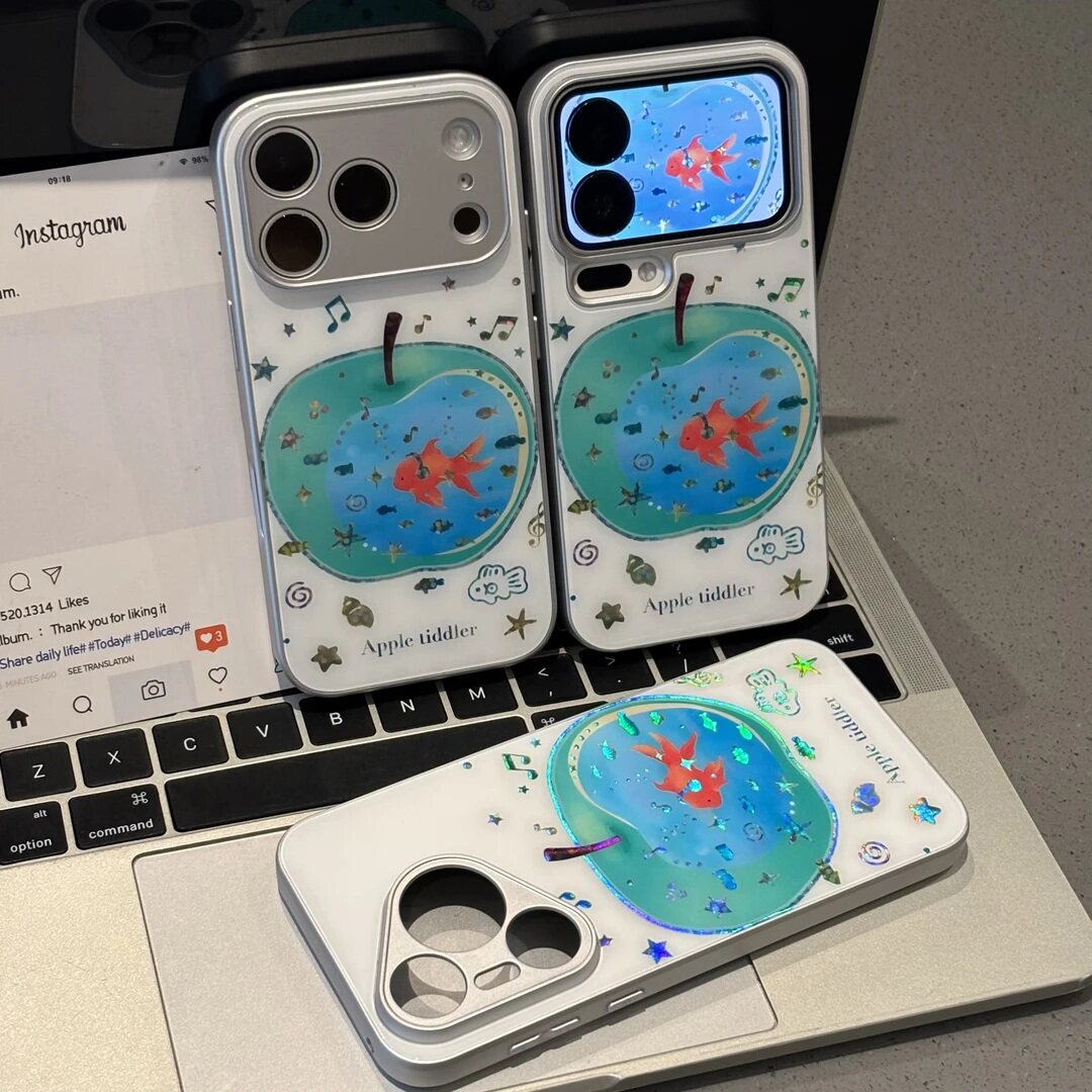 炫彩苹果鲤鱼适用苹果17ProMax鎏金肤感玻璃壳iPhone16Plus白底苹果15硬壳iPhone14创意13个性12新款11潮流女