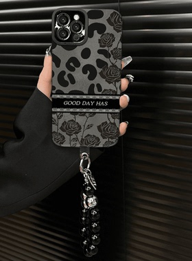 复古ins风黑色玫瑰适用苹果16promax手机壳iPhone15女新款14plus简约13pro创意12p手链xs/xr全包11p高级xsmax