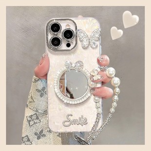 贝壳纹珍珠镜子适用苹果16ProMax手机壳华为Pura80Pro保护套荣耀400简约vivos30高级oppoReno14手链小米15女