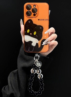 围巾小黑猫适用苹果17ProMax金属漆水凝壳华为nova14Pro橙色荣耀400潮OPPOReno14新vivoS30硬小米15女红米K80