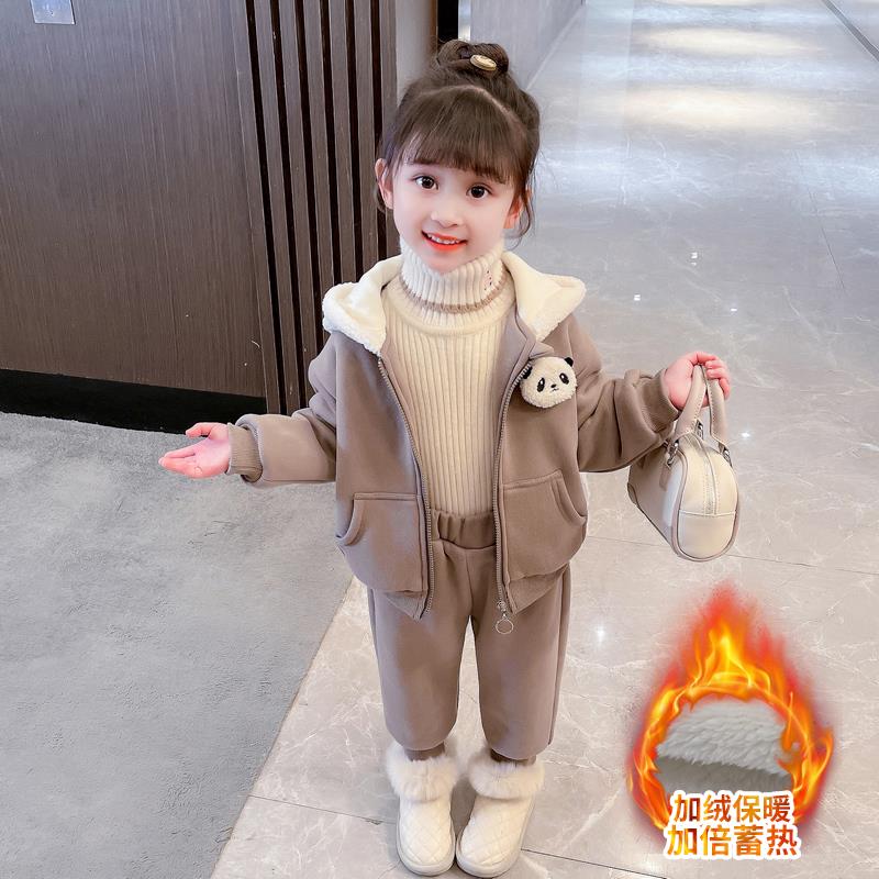 女童运动套装秋冬季洋气卡通儿童加绒卫衣两件套女孩加厚宝宝外套