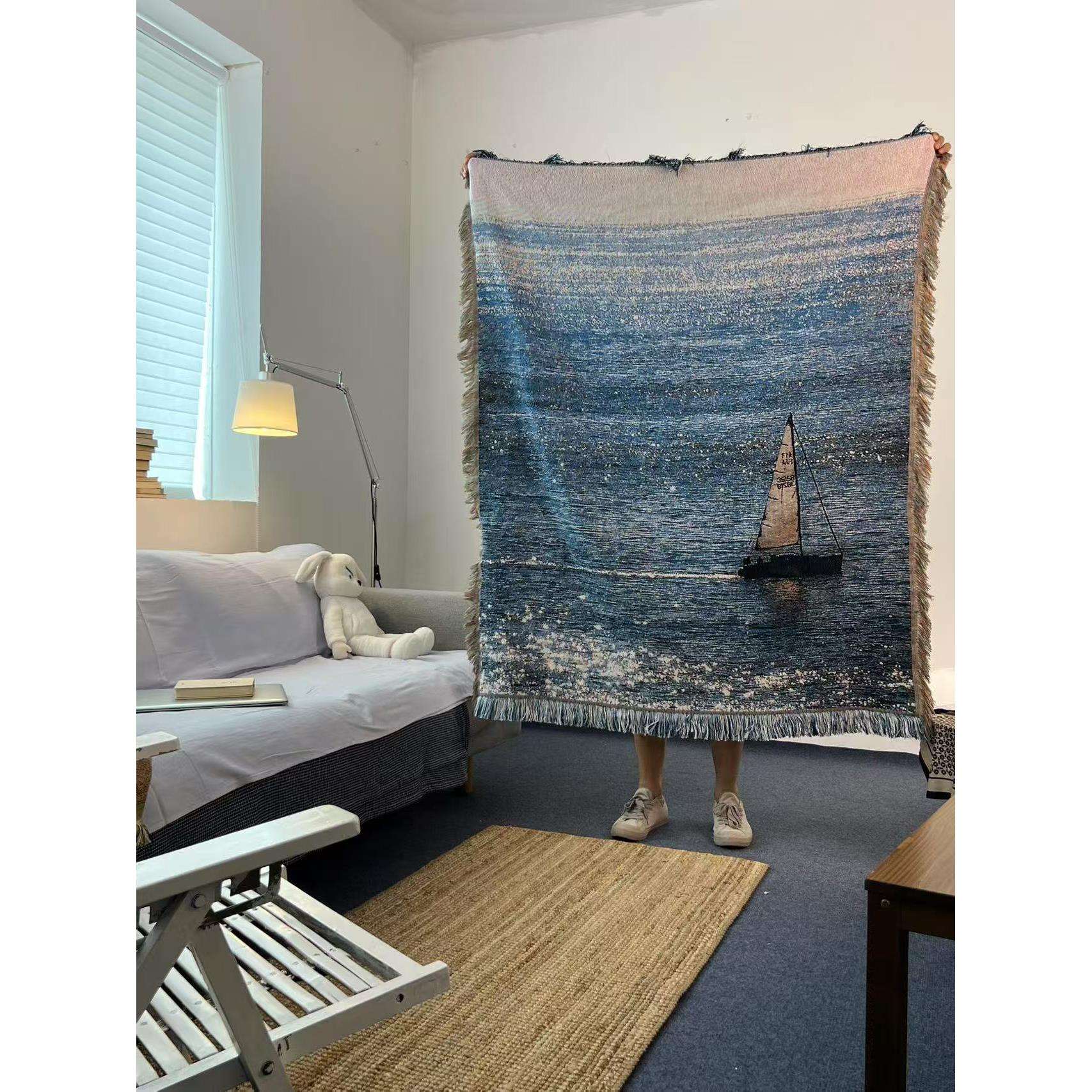 GALA『一帆风顺』大海风景针织线毯挂毯上墙装饰毯沙发毯床上盖毯