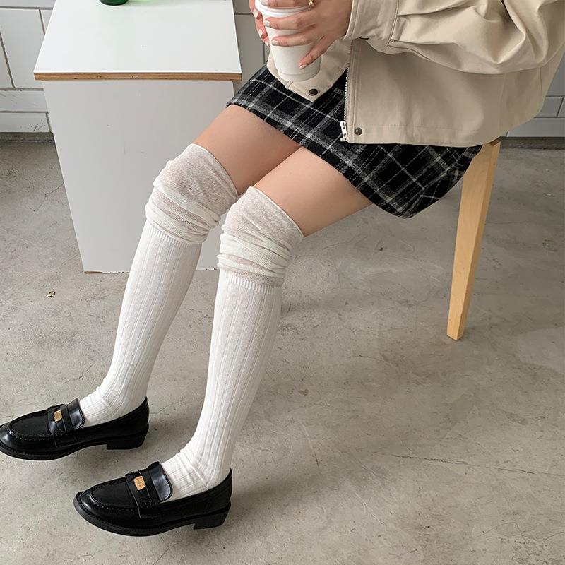 ins秋冬款韩国柔棉堆叠感堆堆袜拼接竖条纹过膝袜高筒女袜