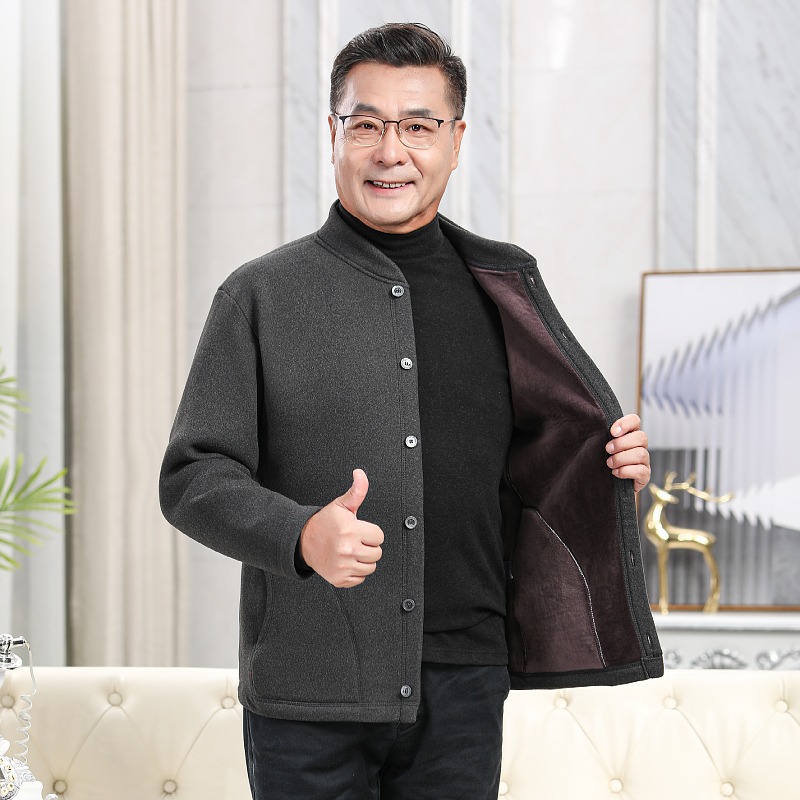 大码老年人保暖衣加绒加厚开衫爷爷爸爸装秋冬外套中老年棉衣男装