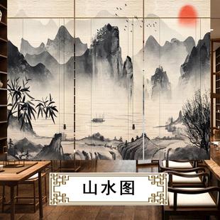 窗帘复古门帘挂画隔断遮阳光山水禅意客厅装 印花竹帘卷帘新中式 饰