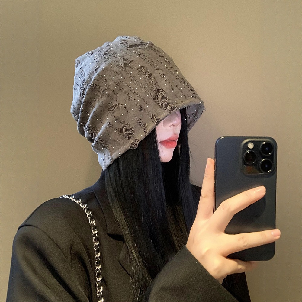 慵懒韩系破洞堆堆帽日系大头围冷帽显脸小覆古银点套头帽月子帽女