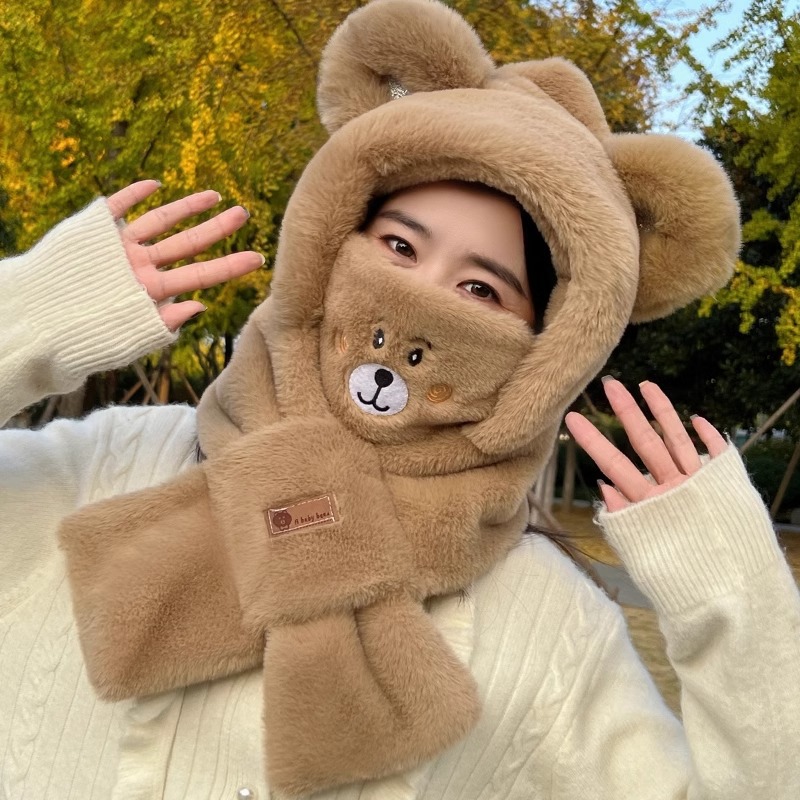 可爱小熊口罩帽子围巾一体女2024秋冬季毛绒围脖连帽骑车保暖冬天