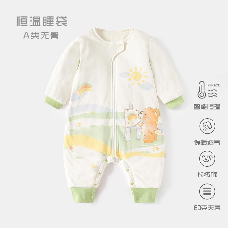 婴儿恒温睡袋加棉秋冬夹棉宝宝分腿睡衣新生儿拉链式多功能防踢被