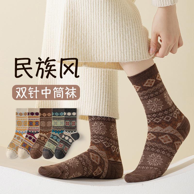 袜子女中筒袜春秋款双针棉袜复古民族风堆堆袜秋冬季保暖长筒袜子