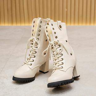 公主粗跟2025冬新款 靴子兔毛高跟两穿厚底米白保暖马丁靴女高跟鞋