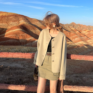 利落短款100纯羊毛大衣女小个子圆领流行新款双面羊绒毛呢外套