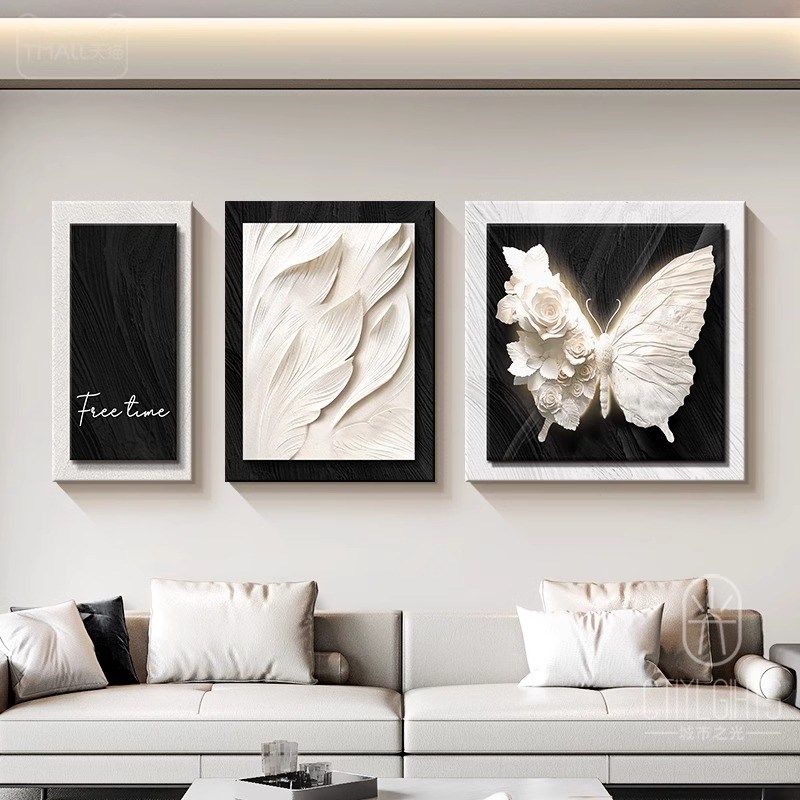 现代简约蝴蝶客厅装饰画抽象艺术沙发背景墙挂画高级感三联墙壁画,家居饰品,现代装饰画,淘宝优惠券,粉丝福利购,淘宝优惠卷