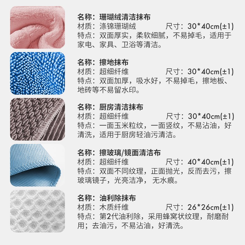 专业七色c抹布保洁专用不留痕擦地拖地厨房分区家政清洁珊瑚绒毛