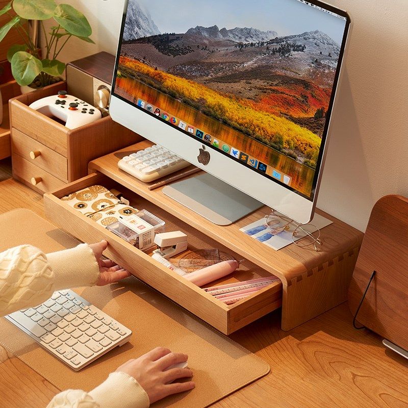 樱桃木显示器增高架带抽屉支架实木质收纳底座桌面置物架电脑托架