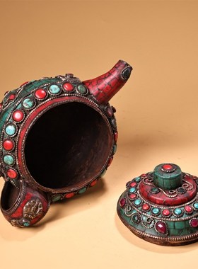 古玩古董旧藏收老纯铜纯手工打造镶嵌宝石酥油茶壶摆件收藏