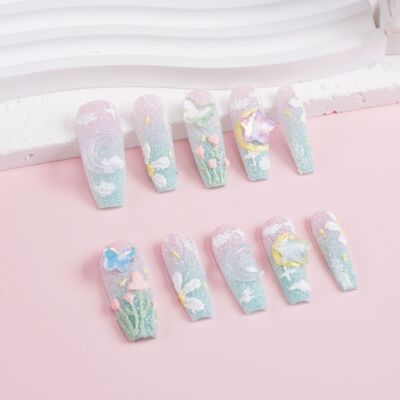 新款手绘砂糖油画国风美甲梦幻星空纯手工穿戴甲可拆卸美甲甲片