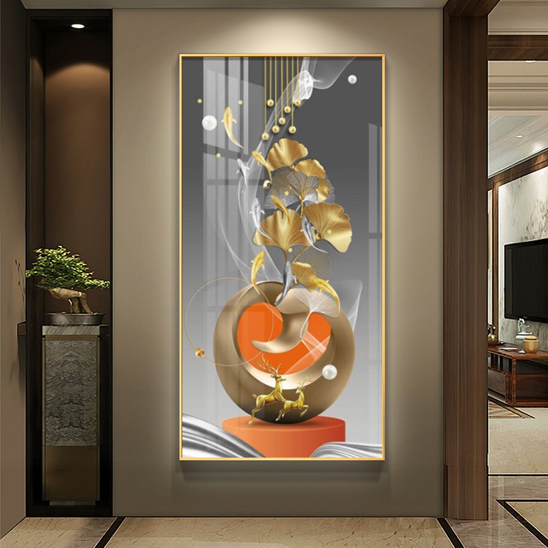 入户玄关b装饰画现代简约走廊过道挂画九鱼生财大气竖版镶钻壁画