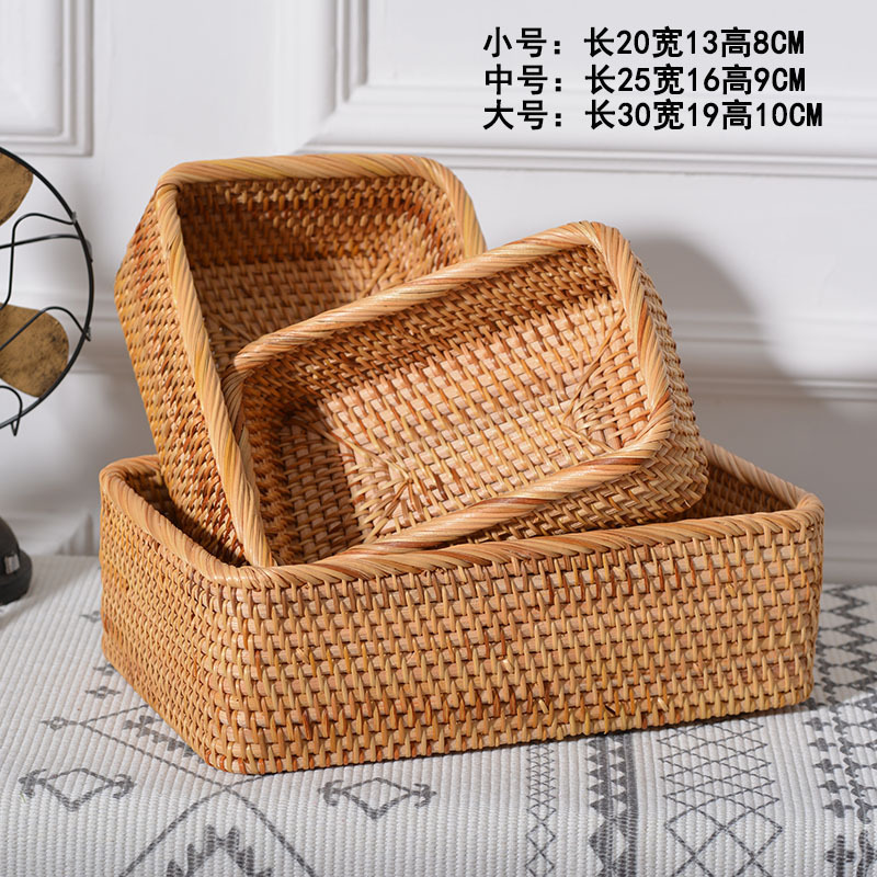 欧美风藤编收纳篮 手工编织水果零食收纳篮 O收纳箱 桌面整理盒长