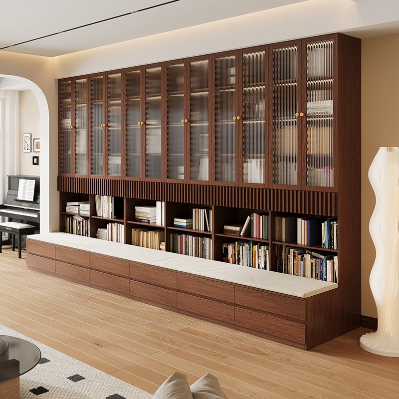 实木定制卡座书柜一体整墙满墙置储物落地书架Q客厅橡木玻璃展示