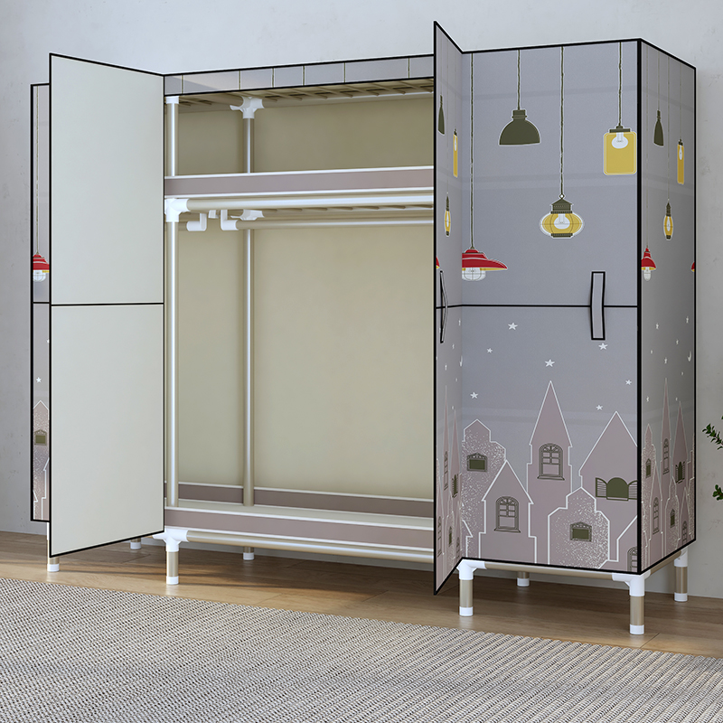 简易衣柜卧室家用全钢架加t粗加厚出租房结实耐用简易组装布衣橱