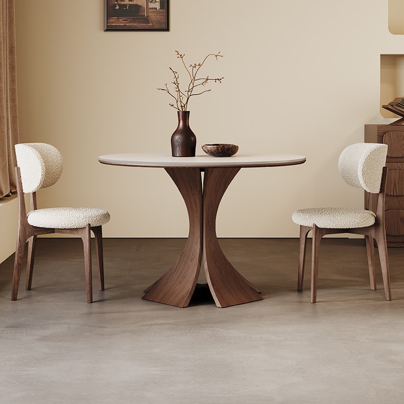 奥古斯特窈窕圆j桌1米小户型家用圆形洽谈桌中古纯白岩板实木餐桌