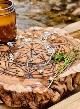 水晶底座水晶能量阵盘带星月阵纹木盘水晶T木阵盘水晶底座