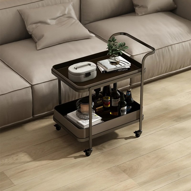 法式复古马鞍皮移动推车r边几茶几客厅不锈钢角几带轮置物架床头